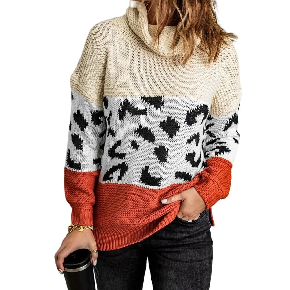 Women's Turtleneck Chunky long sleeve Leopard Print Sweater Cable Knit Sweater L - Picture 2 of 10